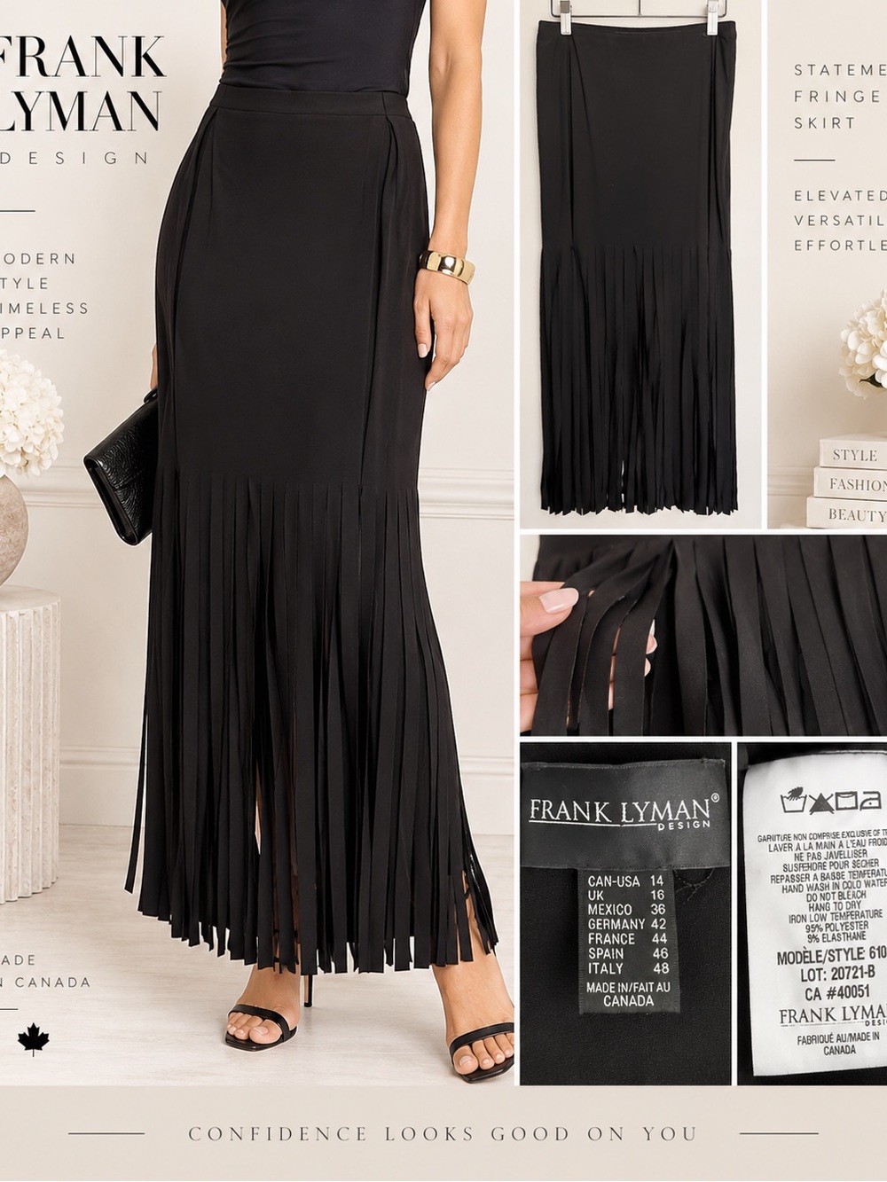 Frank Lyman Black Statement Fringe Maxi Skirt Size 14 Made in Canada
